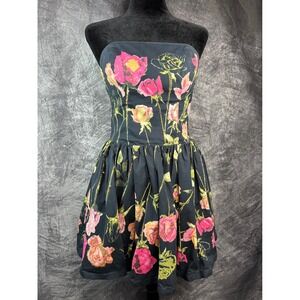 Betsey Johnson Strapless Floral Mini Dress Womens 0 Black Pink Smocked Tulle